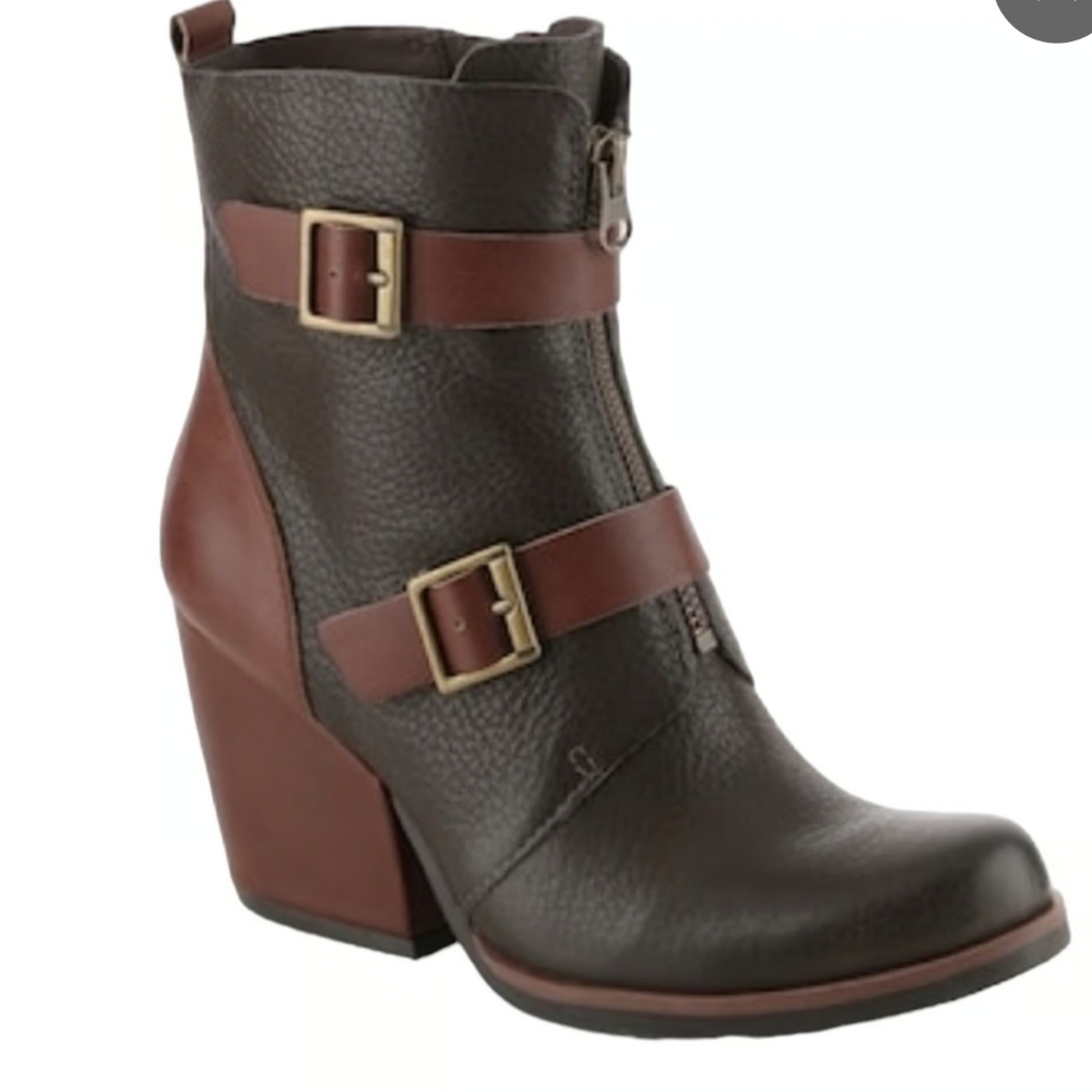 Kork-Ease Korks Leather Ankle Boots 2-Toned Richards Slate Buckle Side Zip Boho